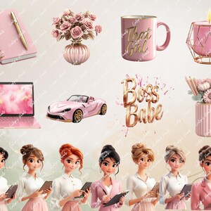 "Slide showing elegant Boss Babe text, laptops, cars, and desk accessories in a chic pink and gold color scheme."