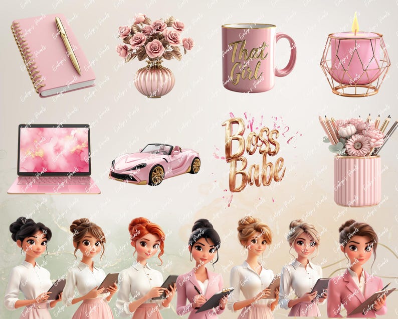 "Slide showing elegant Boss Babe text, laptops, cars, and desk accessories in a chic pink and gold color scheme."