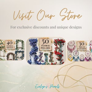 May include: An advertisement for Evelyn's Pearls featuring various floral arrangements, pillars, and dream catchers. The text reads "Visit Our Store" and "For exclusive discounts and unique designs."