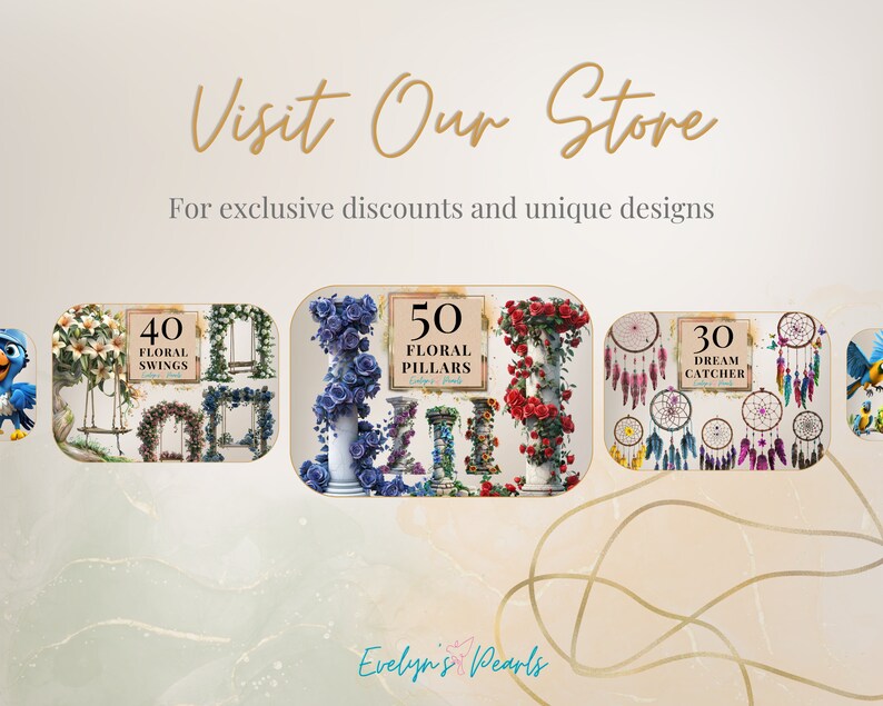 May include: An advertisement for Evelyn's Pearls featuring various floral arrangements, pillars, and dream catchers. The text reads "Visit Our Store" and "For exclusive discounts and unique designs."