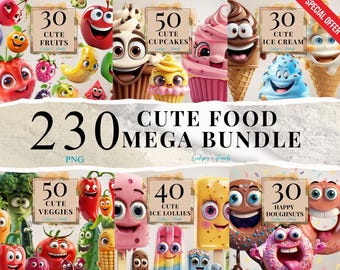 Cute Food Mega Bundle Clipart Cute Fruit PNG Cute Dessert Clipart Ice Cream PNG Cute Kawaii Clipart Cupcakes PNG | Commercial Use Clipart
