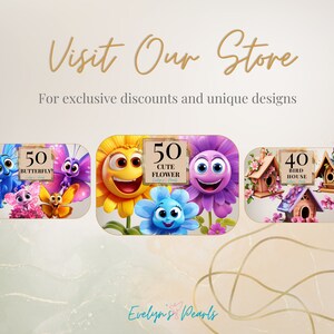 May include: A digital illustration of four different designs for embroidery patterns. The designs include a butterfly, a flower, a birdhouse, and a bird. The designs are all colorful and whimsical. The text on the images reads "50 Butterfly", "50 Cute Flower", "40 Bird House", and "Evelyn's Pearls".