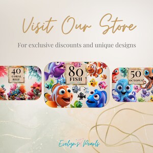 May include: Three colorful images featuring characters from the movie Finding Nemo. The first image shows a coral reef with 40 coral pieces. The second image shows 80 fish, including Nemo and Dory. The third image shows 50 octopus. The text "Evelyn's Pearls" is at the bottom of the image.