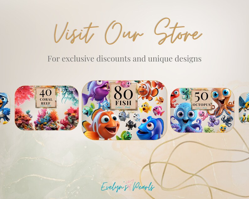 May include: Three colorful images featuring characters from the movie Finding Nemo. The first image shows a coral reef with 40 coral pieces. The second image shows 80 fish, including Nemo and Dory. The third image shows 50 octopus. The text "Evelyn's Pearls" is at the bottom of the image.