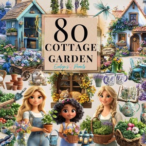 Clipart jardin de cottage confortable campagne florale PNG Clipart jardin d'été fermière PNG décor lavande printemps téléchargement PNG haute qualité