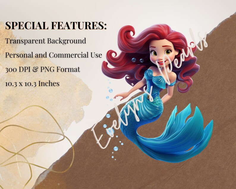 May include: A digital illustration of a red-haired mermaid with a blue tail. She is smiling and has her hand raised. The background is a light brown color with a gold design.