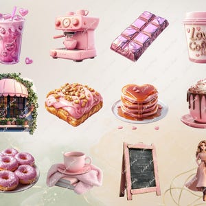 Pu&ograve; includere: Una collezione di illustrazioni a tema rosa e bianco che includono una macchina per il caff&egrave;, ciambelle, una tazza di caff&egrave;, un dolce, pancake, una barretta di cioccolato, una finestra con un baldacchino rosa, un cartello di ardesia, una donna che tiene una tazza di caff&egrave; e una tazza di caff&egrave; su un piattino.
