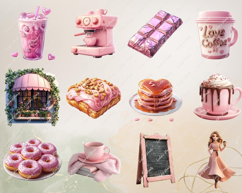 Pu&ograve; includere: Una collezione di illustrazioni a tema rosa e bianco che includono una macchina per il caff&egrave;, ciambelle, una tazza di caff&egrave;, un dolce, pancake, una barretta di cioccolato, una finestra con un baldacchino rosa, un cartello di ardesia, una donna che tiene una tazza di caff&egrave; e una tazza di caff&egrave; su un piattino.