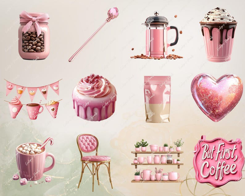 Pu&ograve; includere: Una collezione di accessori per caff&egrave; e t&egrave; a tema rosa e bianco, tra cui una tazza da caff&egrave;, una teiera, un barattolo di chicchi di caff&egrave;, un cupcake, un ornamento a forma di cuore, una sedia e un cartello che dice "But First Coffee".