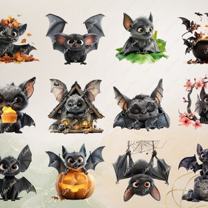 May include: A set of 10 digital clipart images featuring cute cartoon bats in various Halloween-themed poses. The bats are depicted with large eyes, small wings, and various accessories, such as a cupcake, a pumpkin, and a cauldron.