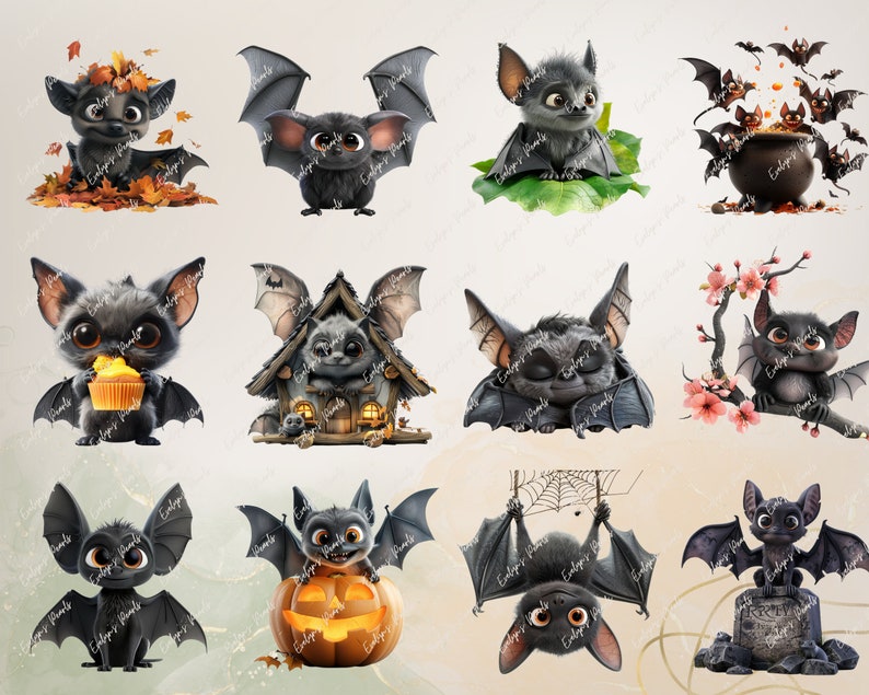 May include: A set of 10 digital clipart images featuring cute cartoon bats in various Halloween-themed poses. The bats are depicted with large eyes, small wings, and various accessories, such as a cupcake, a pumpkin, and a cauldron.