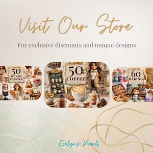 Pu&ograve; includere: Collage di illustrazioni digitali con vari prodotti a tema autunnale. Le immagini includono un planner con il testo "50 Autumn Planner", una tazza di caff&egrave; con il testo "50 Coffee" e una teglia da forno con il testo "60 Baking".