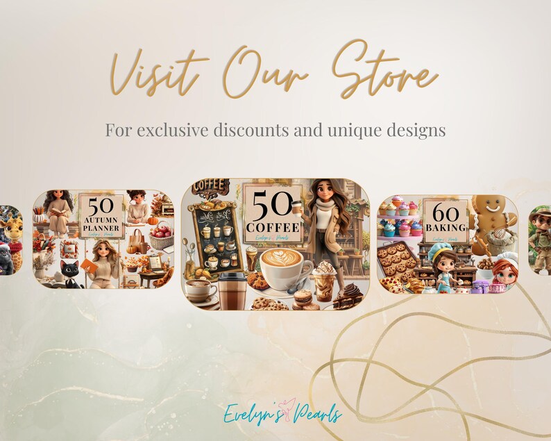Pu&ograve; includere: Collage di illustrazioni digitali con vari prodotti a tema autunnale. Le immagini includono un planner con il testo "50 Autumn Planner", una tazza di caff&egrave; con il testo "50 Coffee" e una teglia da forno con il testo "60 Baking".