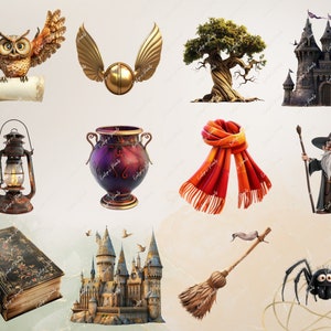 May include: A collection of magical items, including a golden snitch, a brown owl, a purple cauldron, a brown broom, a black spider, a red scarf, a lantern, a book, and two castles.