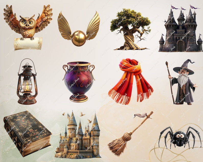 May include: A collection of magical items, including a golden snitch, a brown owl, a purple cauldron, a brown broom, a black spider, a red scarf, a lantern, a book, and two castles.