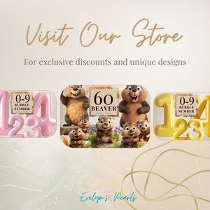 May include: A set of four pink and yellow bubble numbers, 1, 2, 3, and 4, with the text "0-9 Bubble Number" on the pink numbers. The numbers are in front of a picture of a cartoon beaver and three chipmunks with the text "60 Beaver" on a sign behind them. The text "Evelyn's Pearls" is at the bottom of the image.