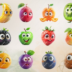 Puede incluir: Una colecci&oacute;n de 10 personajes de dibujos animados de frutas y verduras con caras sonrientes. Los personajes incluyen un pl&aacute;tano, una manzana, un kiwi, una mora, una fresa, una pera, una ciruela, una naranja, un ar&aacute;ndano y un coco.