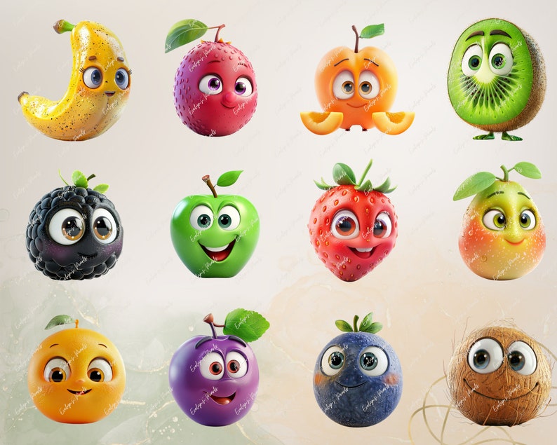 Puede incluir: Una colecci&oacute;n de 10 personajes de dibujos animados de frutas y verduras con caras sonrientes. Los personajes incluyen un pl&aacute;tano, una manzana, un kiwi, una mora, una fresa, una pera, una ciruela, una naranja, un ar&aacute;ndano y un coco.