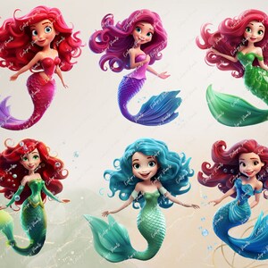 May include: Six cartoon mermaids with different colored hair and tails. The mermaids are all smiling and have large eyes. The mermaids are all wearing different outfits.