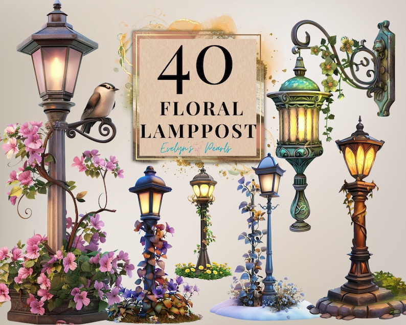 May include: An image featuring various floral lamppost designs. The lampposts are adorned with flowers and vines, with a bird perched on one. The image includes the text "40 Floral Lamppost" and the name "Evelyn's Pearls".