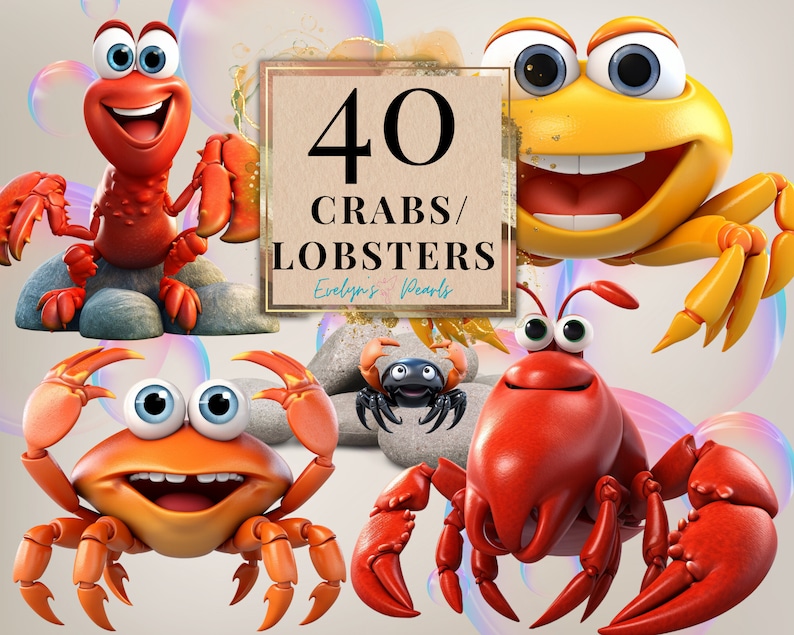 May include: A digital illustration of 40 cartoon crabs and lobsters. The image features a red lobster, a yellow crab, and two orange crabs. The text "40 Crabs/Lobsters" is displayed in a brown rectangle with gold accents.