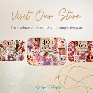 K&ouml;nnte beinhalten: Drei digitale Collagen-Designs mit rosa, roten und wei&szlig;en Herzen, Blumen und anderen romantischen Bildern. Die Designs sind betitelt mit "40 Bunny Love", "40 Love Letter" und "60 Date Night".