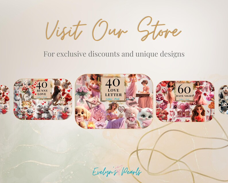 K&ouml;nnte beinhalten: Drei digitale Collagen-Designs mit rosa, roten und wei&szlig;en Herzen, Blumen und anderen romantischen Bildern. Die Designs sind betitelt mit "40 Bunny Love", "40 Love Letter" und "60 Date Night".