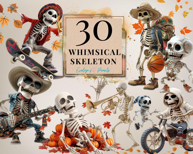 May include: A set of 30 whimsical skeleton illustrations. The skeletons are depicted in various poses, including playing music, riding a skateboard, and riding a motorcycle. The illustrations are in a cartoon style and feature bright colours.