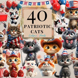 Lot de cliparts chat patriotique, chats du 4 juillet en rouge, blanc et bleu, feux d'artifice et drapeau des États-Unis, PNG de haute qualité pour travaux manuels et décoration