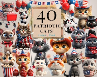 Patriotic Cat Clipart Bundle, 4th of July Cats in Red White and Blue, Fireworks and USA Flag Designs, High Quality PNG for Crafts and Decor