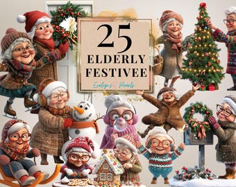 May include: A digital illustration of 25 elderly people dressed in festive attire, including Santa hats, scarves, and sweaters. The illustration features a Christmas tree, a snowman, a gingerbread house, and a wreath. The text "25 Elderly Festive" is displayed in a banner.