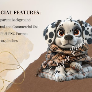May include: A cartoon Dalmatian puppy wearing a plaid scarf and sitting on a plaid cushion. The puppy has black spots and is looking at the viewer. The image has a transparent background.