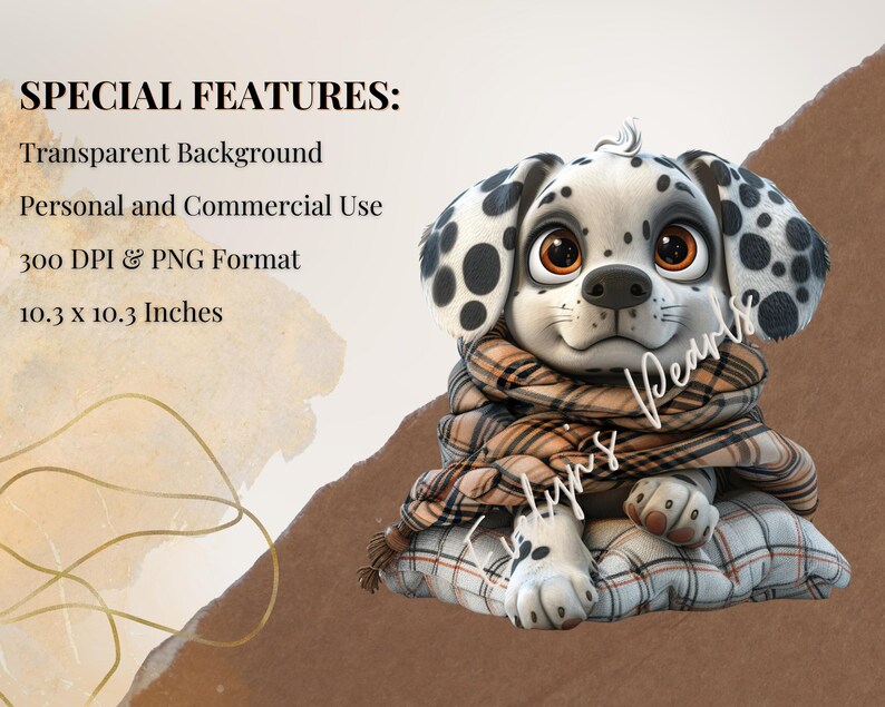 May include: A cartoon Dalmatian puppy wearing a plaid scarf and sitting on a plaid cushion. The puppy has black spots and is looking at the viewer. The image has a transparent background.
