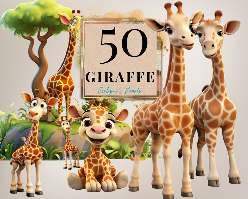 Giraff Clipart Söt giraffunge Clipart PNG Safari djur Clipart Djungel PNG Barnrumskonst PNG Giraff | Kommersiell användning Clipart Transparent bild 1