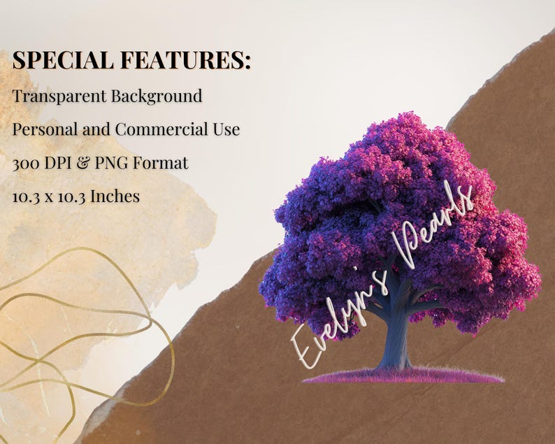 Op de afbeelding: Een digitale illustratie van een paarse boom met de tekst "Evelyn's Pearls" op een bruine achtergrond. De afbeelding is 10,3 inch bij 10,3 inch en heeft een transparante achtergrond.