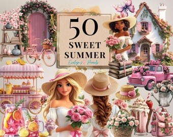 Puede incluir: Un collage digital de 50 ilustraciones de verano dulce que presentan una cabaña rosa y blanca, una camioneta rosa, una bicicleta, un puesto de limonada, una niña con cabello rubio sosteniendo un ramo de rosas rosas, una niña con cabello castaño usando un sombrero de paja, y una variedad de flores y otros elementos veraniegos. El texto "50 Sweet Summer" se presenta en el centro de la imagen.