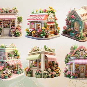 Pu&ograve; includere: Sei negozi di fiori in miniatura con tende rosa e bianche, ognuno decorato con fiori e verde. I negozi sono in legno e hanno un aspetto fiabesco e fantasioso.
