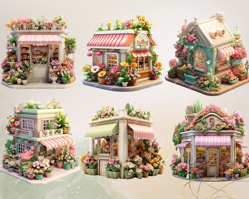 Pu&ograve; includere: Sei negozi di fiori in miniatura con tende rosa e bianche, ognuno decorato con fiori e verde. I negozi sono in legno e hanno un aspetto fiabesco e fantasioso.