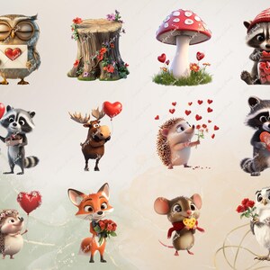 Op de afbeelding: Een verzameling schattige dierillustraties met Valentijnsdagthema's. De illustraties omvatten een wasbeer die een hart vasthoudt, een egel met een boeket bloemen, een vos die een boeket bloemen vasthoudt, een muis die een hart vasthoudt, een uil die een hart vasthoudt, een wasbeer die een pot met harten vasthoudt, een eland die een hart vasthoudt, een uil met een brief, een wasbeer die een hart vasthoudt, een egel met een boeket bloemen en een boomstronk met bloemen.