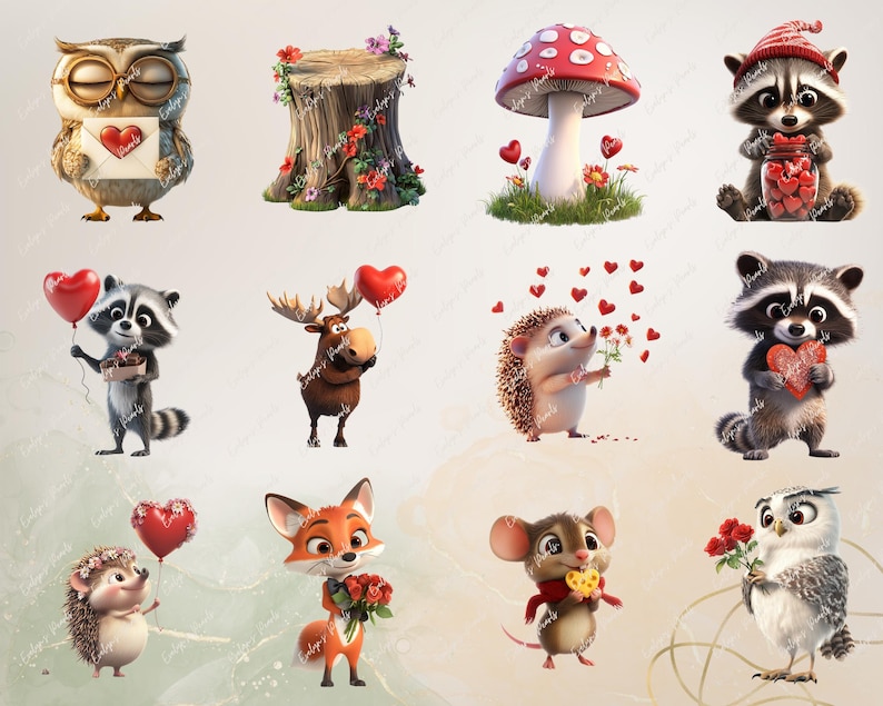 Op de afbeelding: Een verzameling schattige dierillustraties met Valentijnsdagthema's. De illustraties omvatten een wasbeer die een hart vasthoudt, een egel met een boeket bloemen, een vos die een boeket bloemen vasthoudt, een muis die een hart vasthoudt, een uil die een hart vasthoudt, een wasbeer die een pot met harten vasthoudt, een eland die een hart vasthoudt, een uil met een brief, een wasbeer die een hart vasthoudt, een egel met een boeket bloemen en een boomstronk met bloemen.