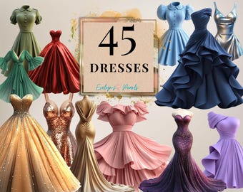 Dress Clipart Party Dresses PNG Fashion Clipart Glam Princess Dress PNG Prom Dress Clipart Floral Dress | Commercial Use Clipart Transparent