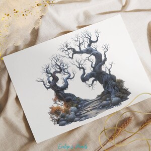 May include: A digital illustration of two gnarled, twisted trees with bare branches, growing out of a rocky landscape. The trees are a dark gray color, and the rocks are a light gray color. The background is a white canvas.