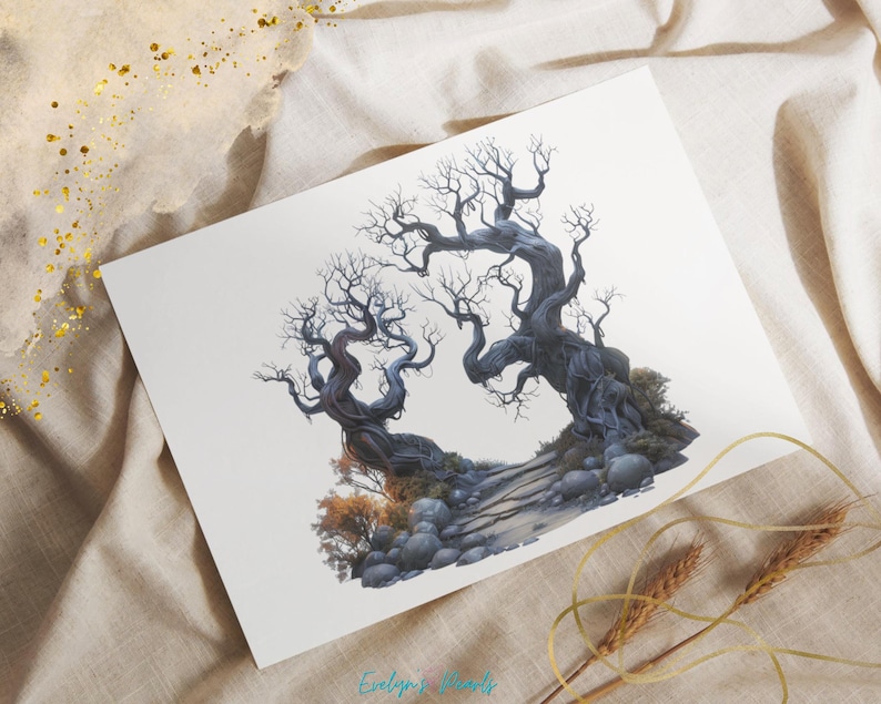 May include: A digital illustration of two gnarled, twisted trees with bare branches, growing out of a rocky landscape. The trees are a dark gray color, and the rocks are a light gray color. The background is a white canvas.