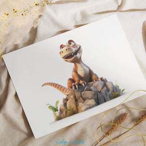 May include: A cartoon dinosaur with brown and green scales sits on a rock formation. The dinosaur has a wide smile and is looking up. The background is white.