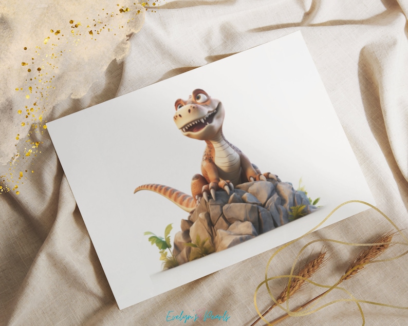 May include: A cartoon dinosaur with brown and green scales sits on a rock formation. The dinosaur has a wide smile and is looking up. The background is white.