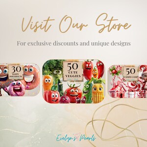 Puede incluir: Una colecci&oacute;n de clipart digital con 30 donuts felices, 50 verduras lindas y 50 bastones de caramelo. El clipart es colorido y presenta personajes de dibujos animados. El texto "Evelyn's Pearls" est&aacute; en la parte inferior de la imagen.