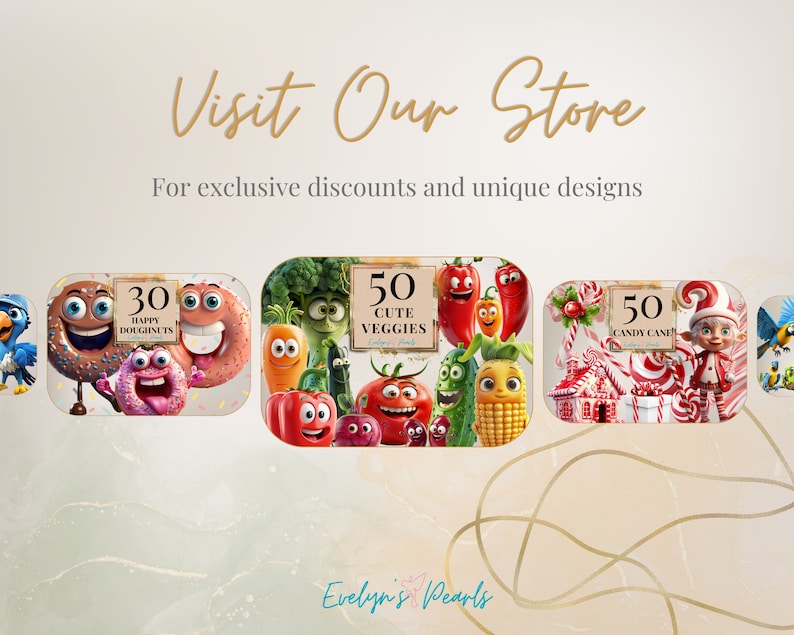 Puede incluir: Una colecci&oacute;n de clipart digital con 30 donuts felices, 50 verduras lindas y 50 bastones de caramelo. El clipart es colorido y presenta personajes de dibujos animados. El texto "Evelyn's Pearls" est&aacute; en la parte inferior de la imagen.