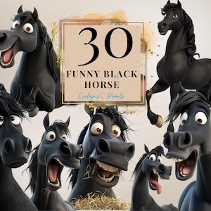 Lustiges Pferd PNG Schrullig Pferd Clipart Schwarzes Pferd PNG Niedliche Tiere Sublimationen Grafiken Bauernhof Pferd PNG | Kommerzielle Nutzung Clipart Transparent