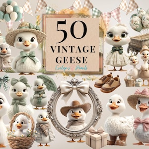 Vintage Goose Clipart, Whimsical Geese PNG Party Decor Clipart Balloons Bonnets & Baskets, Cozy Cottagecore Geese, High Quality PNG Download