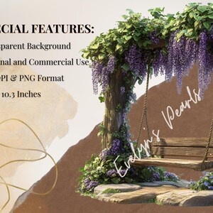 May include: A digital background featuring a wooden swing hanging from a purple wisteria flower archway. The swing is made of wood and has a brown seat. The background is a light brown color with a white watercolor effect. The text "Evelyn's Pearls" is written in white on the background. The image is 10.3 inches by 10.3 inches and has a 300 DPI resolution.